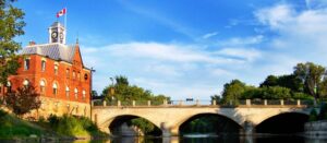 Photo of city hall and a bridge downtown Pembroke Ontario
